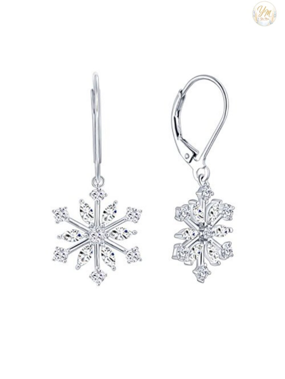 925 Sterling Silver Snowflake Leverback Drop Dangle Earrings Cubic Zirconia